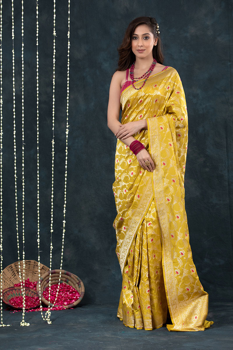 Women In Yellow Handwoven Banarasi Katan Silk Saree At Chinaya Banaras