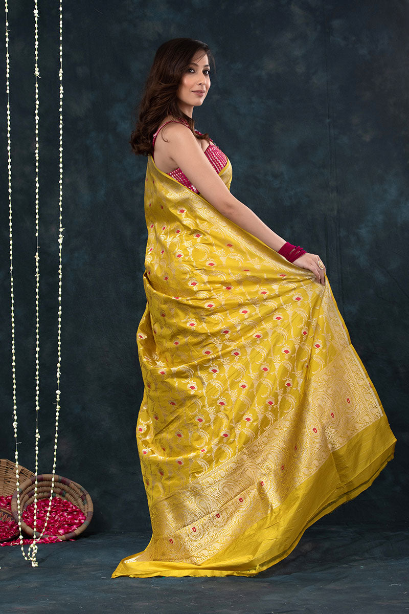 Deep Yellow Meenakari Handwoven Banarasi Katan Silk Saree - Chinaya Banaras