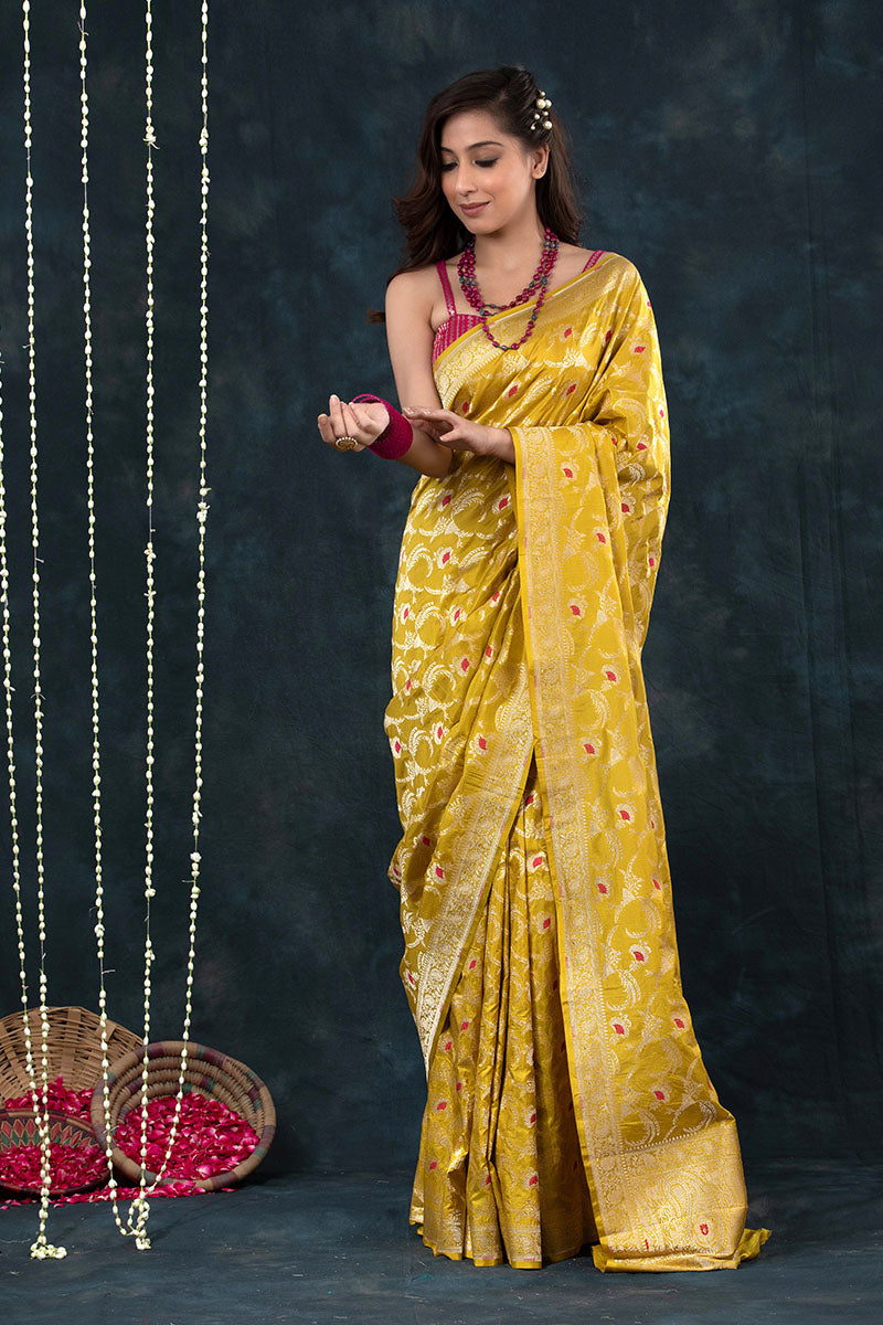 Deep Yellow Meenakari Handwoven Banarasi Katan Silk Saree