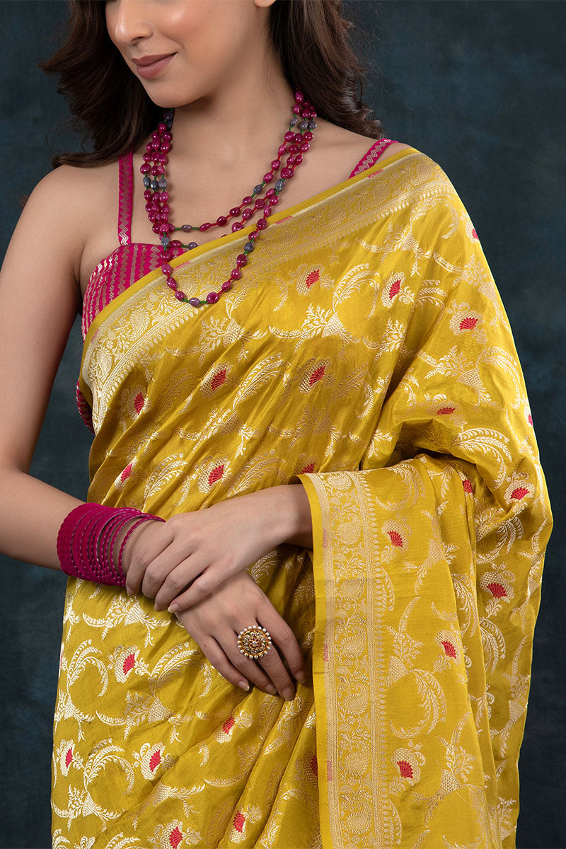 Deep Yellow Meenakari Handwoven Banarasi Katan Silk Saree - Chinaya Banaras