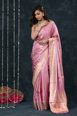 Baby Pink Handwoven Banarasi Satin Silk Saree - Chinaya Banaras