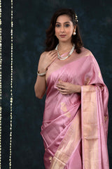 Baby Pink Handwoven Banarasi Satin Silk Saree - Chinaya Banaras