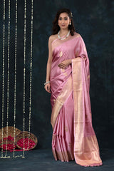 Women In Pink Handwoven Banarasi Satin Silk Saree At Chinaya Banaras