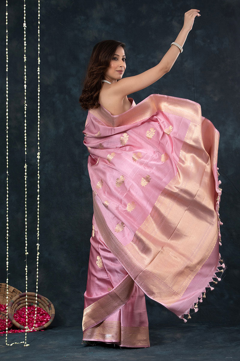 Baby Pink Handwoven Banarasi Satin Silk Saree - Chinaya Banaras