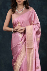 Baby Pink Handwoven Banarasi Satin Silk Saree - Chinaya Banaras