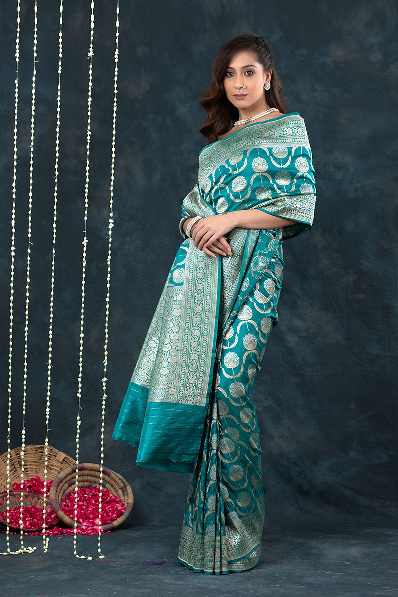 Teal Blue Sonarupa Handwoven Banarasi Silk Saree - Chinaya Banaras