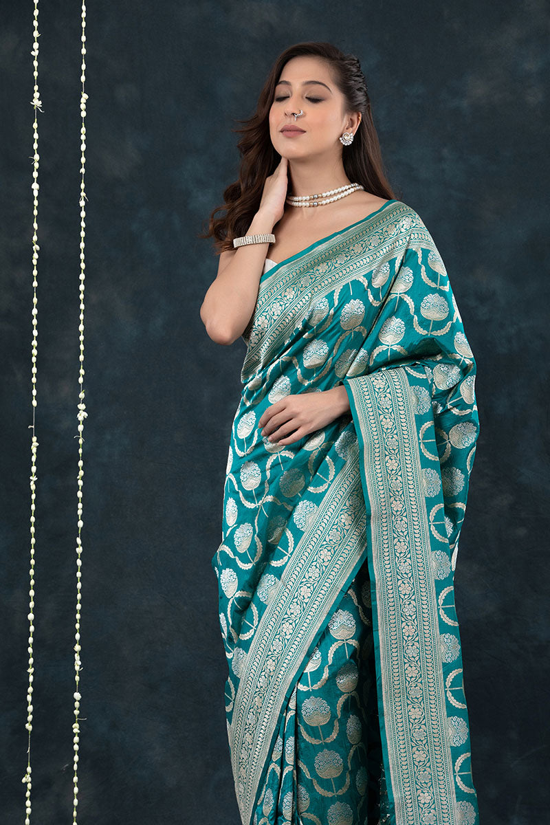 Teal Blue Sonarupa Handwoven Banarasi Silk Saree - Chinaya Banaras