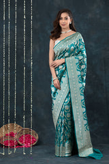 Women In Blue Handwoven Banarasi Silk Saree At Chinaya Banaras