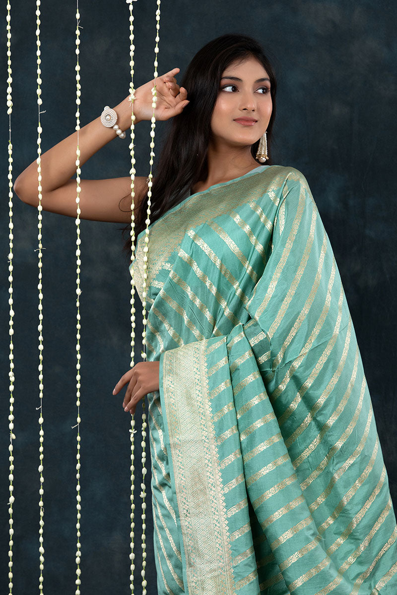 Powder Blue Striped Handwoven Banarasi Silk Saree