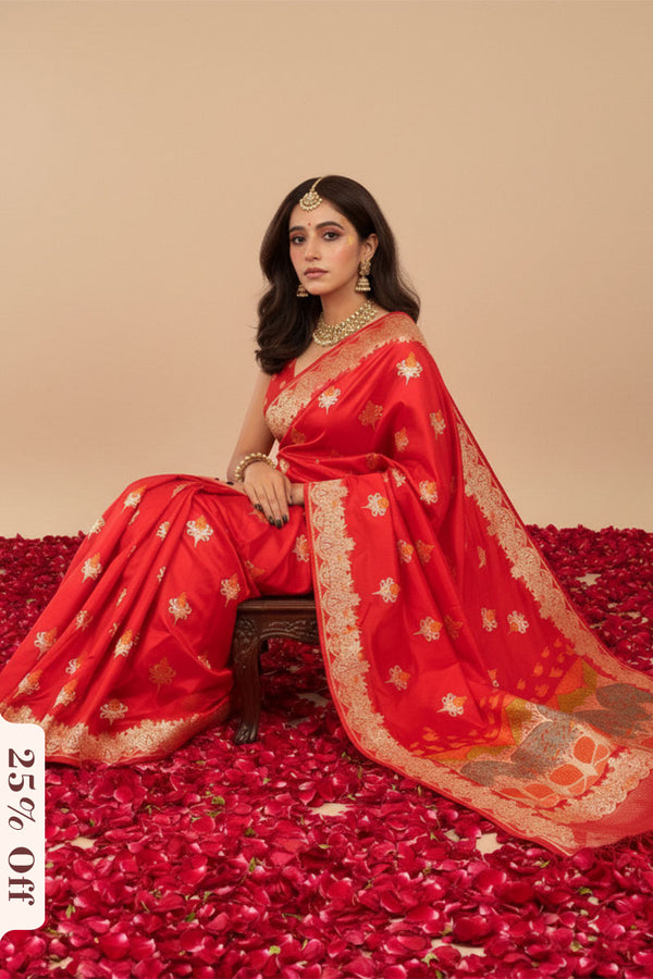 Woman in a red Banarasi saree with gold patterns sitting on a bed of red rose petals.