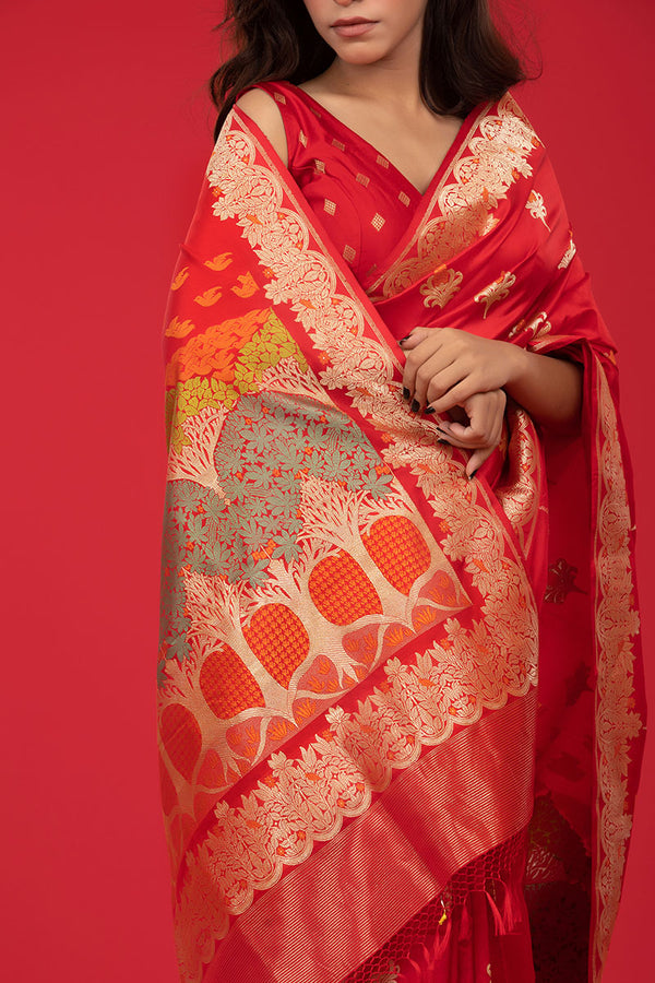 Red Kadhwa Woven Banarasi Katan Silk Saree - Chinaya Banaras