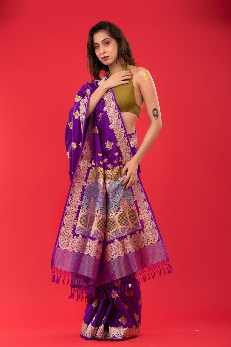 Violet Kadhwa Woven  Banarasi Katan Silk Saree