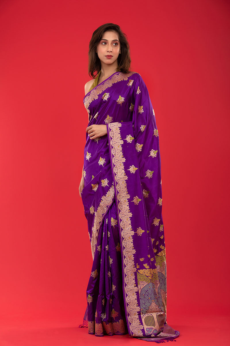 Violet Kadhwa Woven  Banarasi Katan Silk Saree