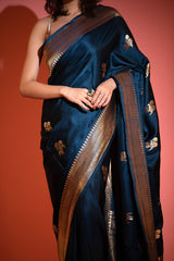 German Blue Handwoven Satin Silk Saree - Chinaya Banaras