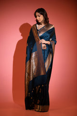 German Blue Handwoven Satin Silk Saree - Chinaya Banaras