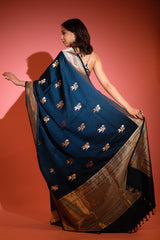 German Blue Handwoven Satin Silk Saree - Chinaya Banaras