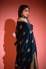 German Blue Handwoven Satin Silk Saree - Chinaya Banaras