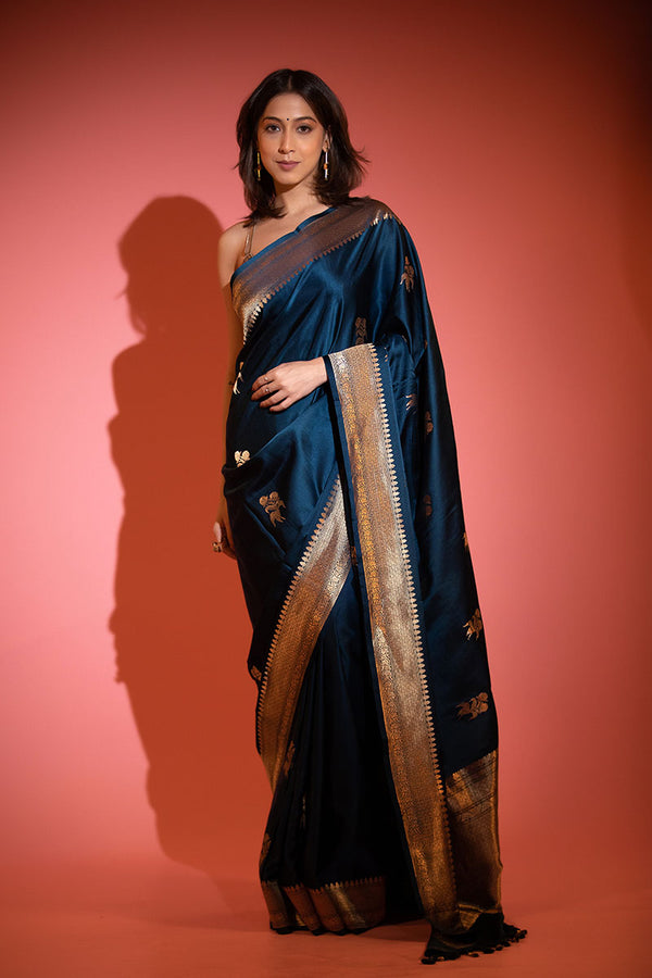 Women In Blue Handwoven Satin Silk Saree At Chinaya Banaras