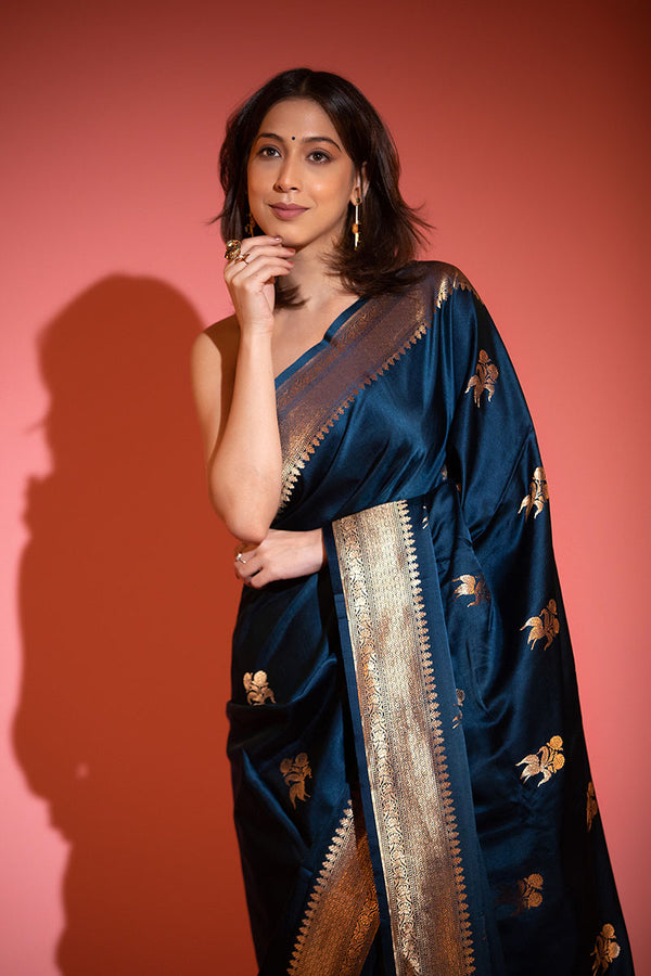 German Blue Handwoven Satin Silk Saree - Chinaya Banaras