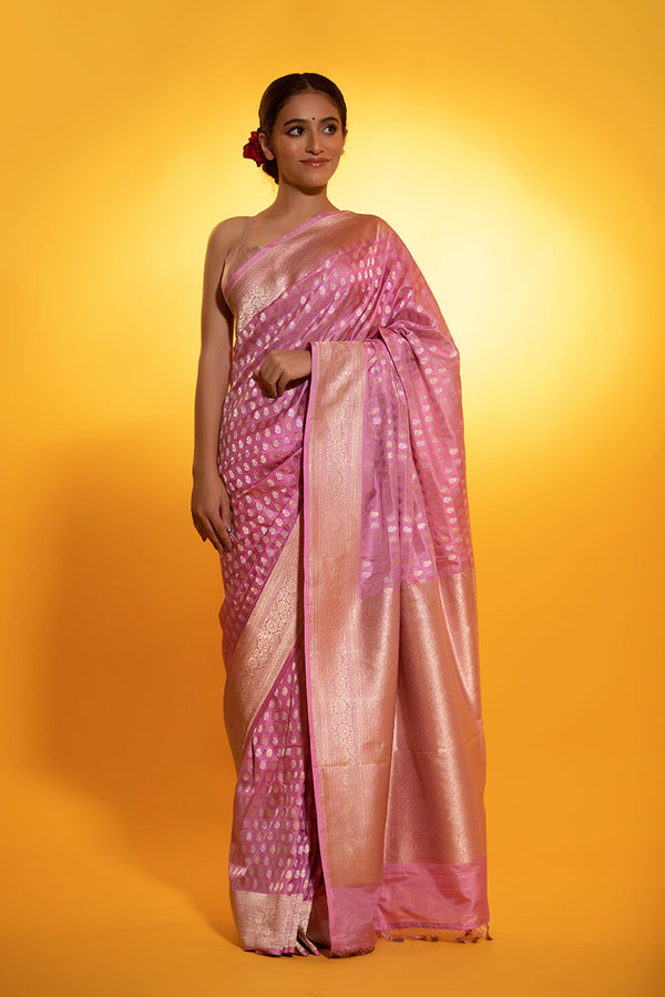 Women In Pink Handwoven Banarasi Katan Silk Saree At Chinaya Banaras