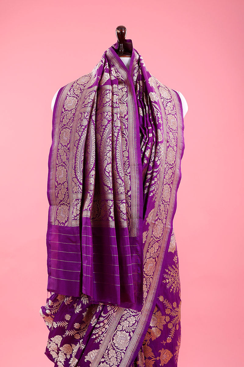 Purple Floral Jaal Handwoven Banarasi Katan Silk Saree