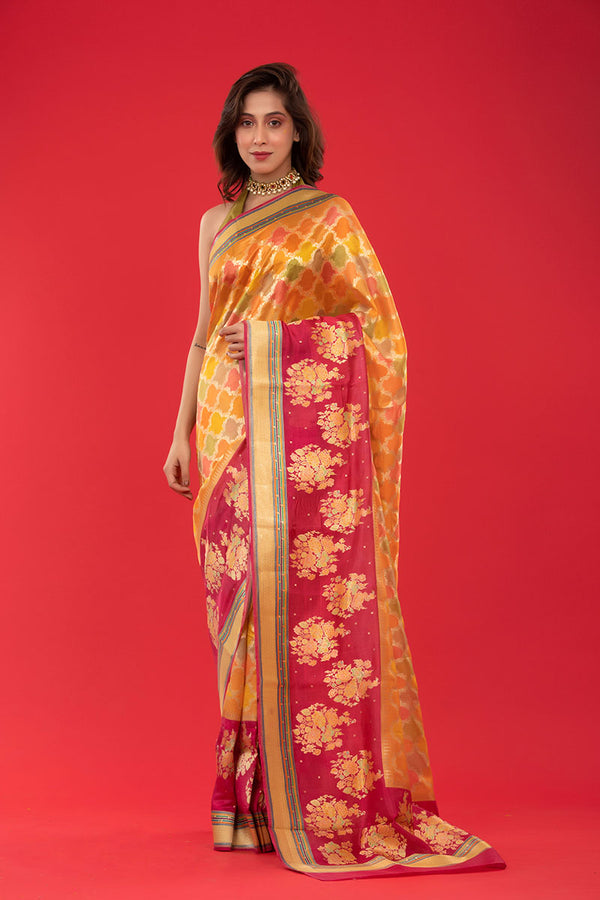 Women In Yellow Handwoven Katan Silk Saree At Chinaya Banaras