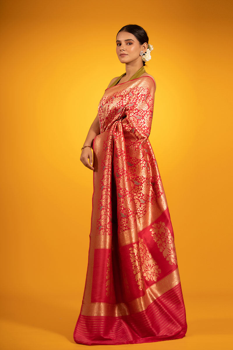 Dark Pink Floral Jaal Handwoven Satin Silk Saree
