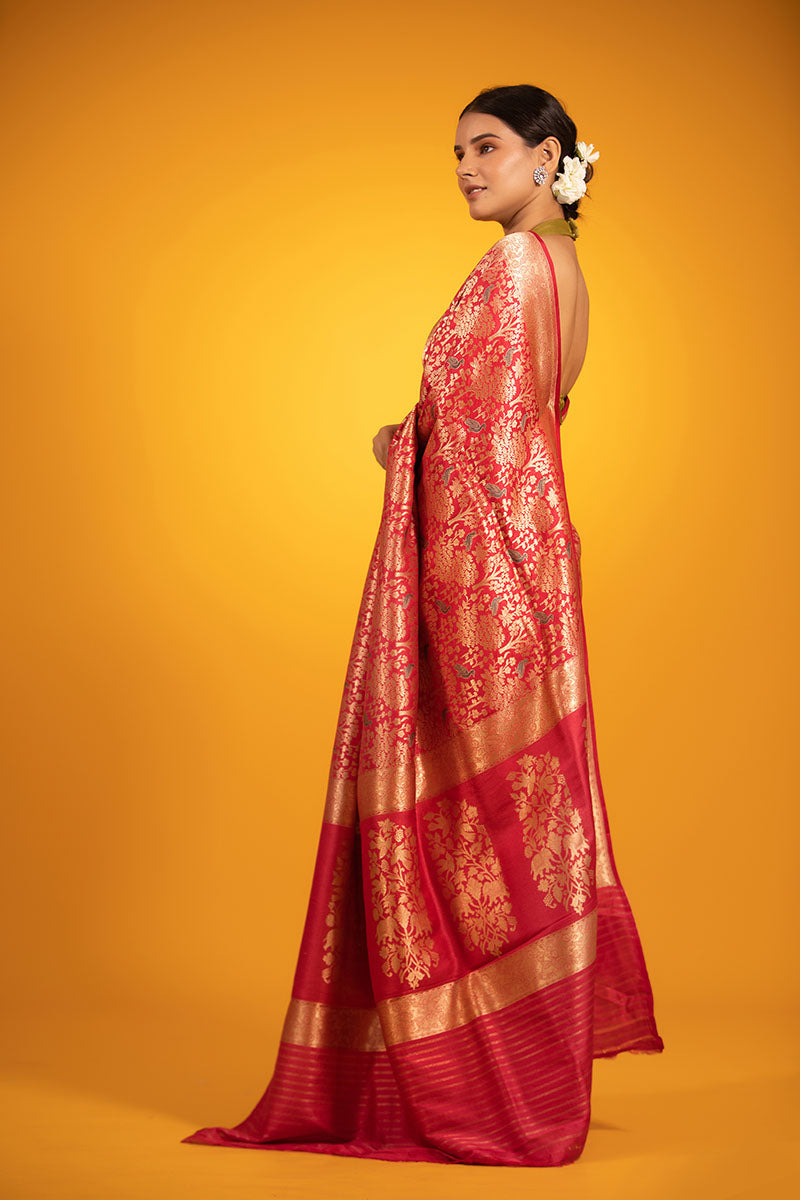 Dark Pink Floral Jaal Handwoven Satin Silk Saree