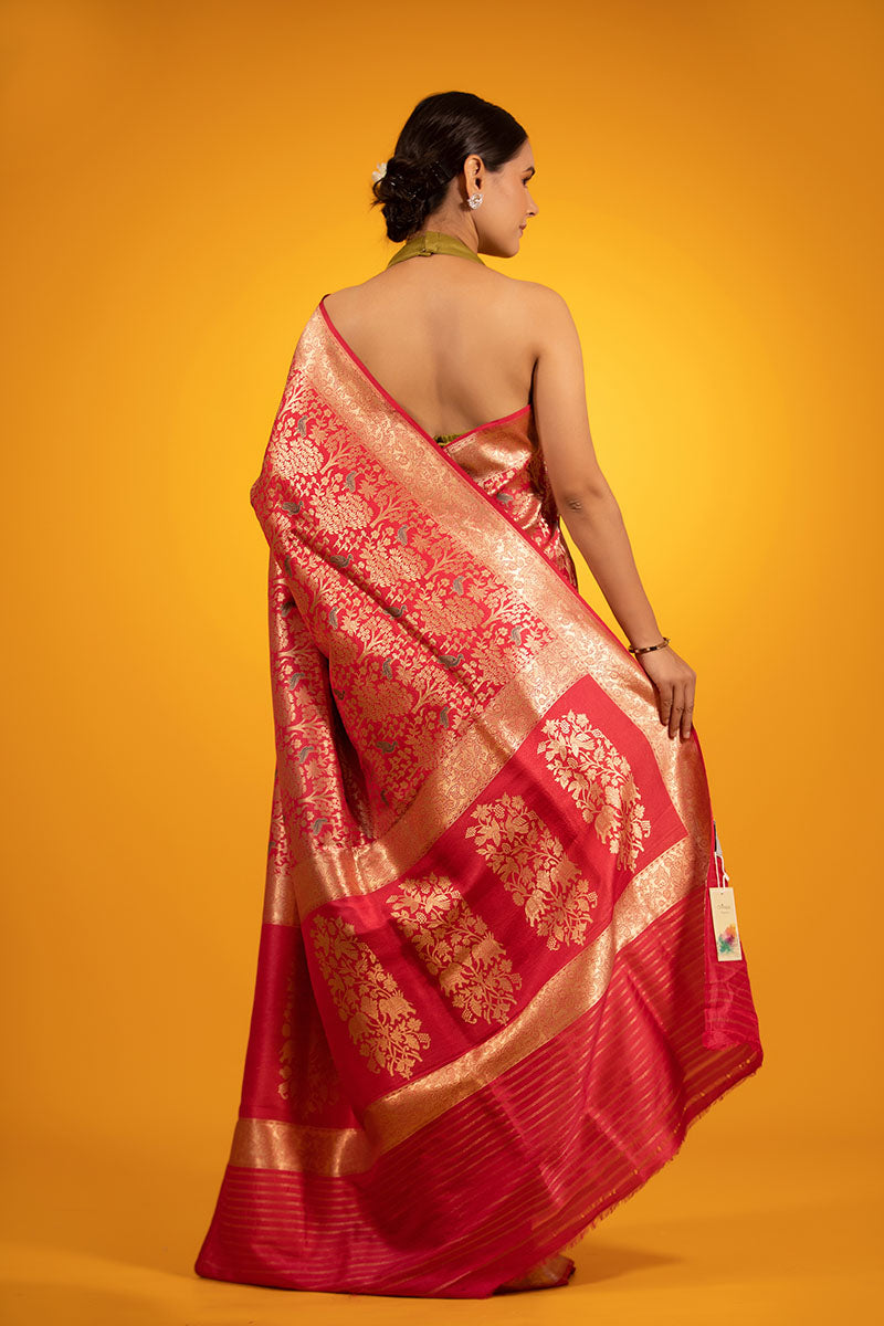 Dark Pink Floral Jaal Handwoven Satin Silk Saree - Chinaya Banaras