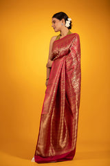 Crimson Red Ethnic jaal Woven Banarasi Satin Silk Saree