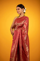 Crimson Red Ethnic jaal Woven Banarasi Satin Silk Saree