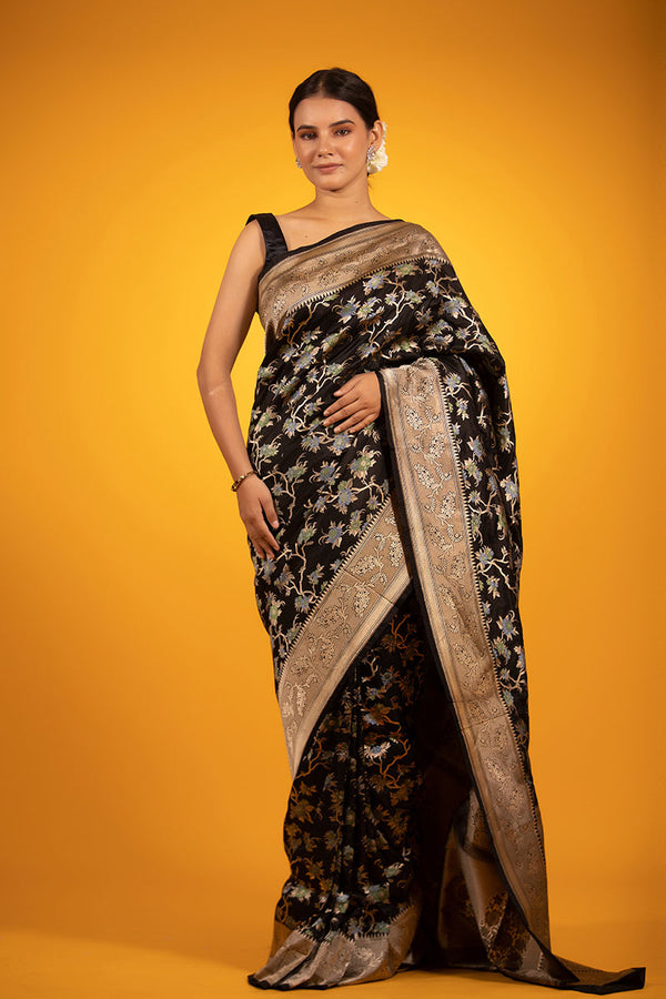 Women In Black Floral Woven Katan Silk Saree At Chinaya Banaras