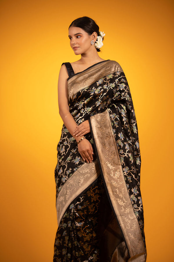 Black Floral Meenakari Jaal Woven Katan Silk Saree - Chinaya Banaras