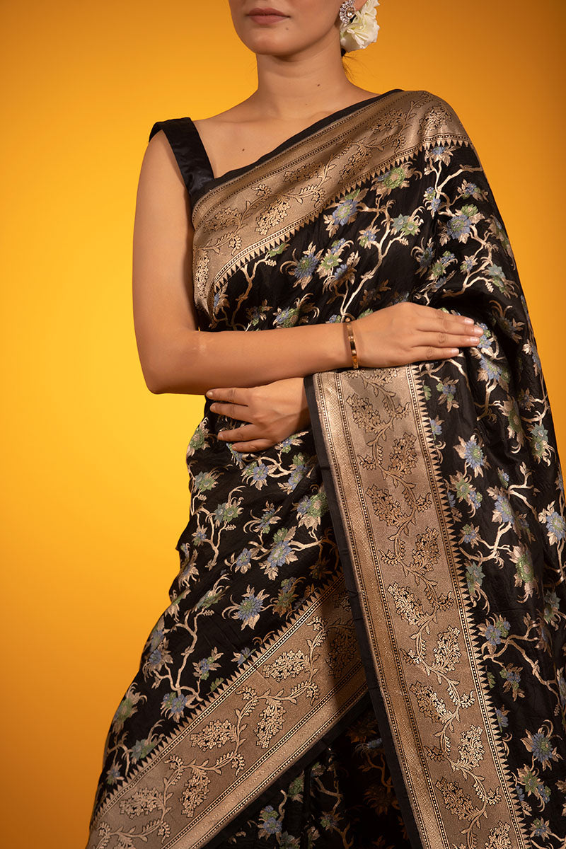 Black Floral Meenakari Jaal Woven Katan Silk Saree - Chinaya Banaras