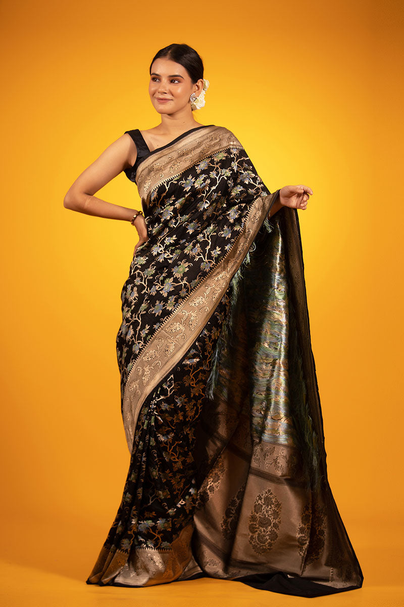 Black Floral Meenakari Jaal Woven Katan Silk Saree - Chinaya Banaras