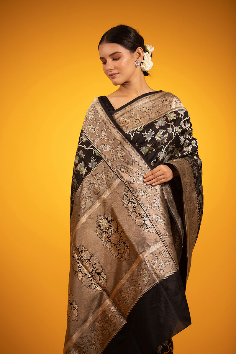 Black Floral Meenakari Jaal Woven Katan Silk Saree - Chinaya Banaras