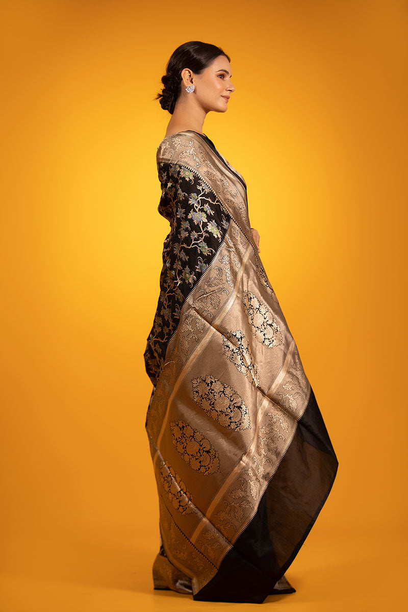 Black Floral Meenakari Jaal Woven Katan Silk Saree