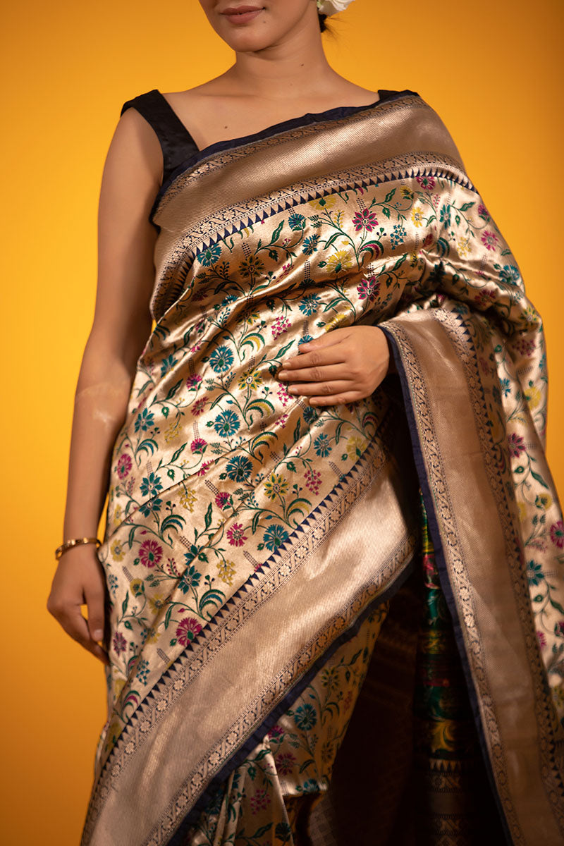Black & Gold Floral Jaal Woven Banarasi Katan Silk Saree