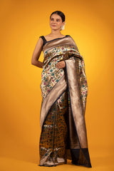 Black & Gold Floral Jaal Woven Banarasi Katan Silk Saree