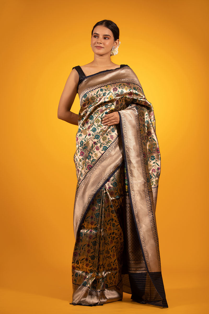 Black & Gold Floral Jaal Woven Banarasi Katan Silk Saree - Chinaya Banaras