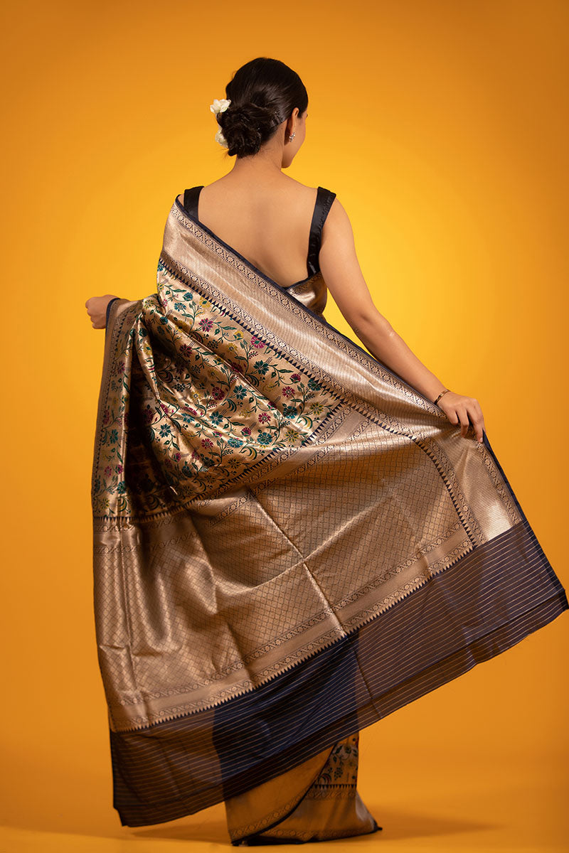 Black & Gold Floral Jaal Woven Banarasi Katan Silk Saree - Chinaya Banaras