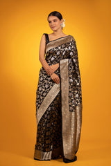 Women In Black Floral Woven Banarasi Katan Silk Saree At Chinaya Banaras