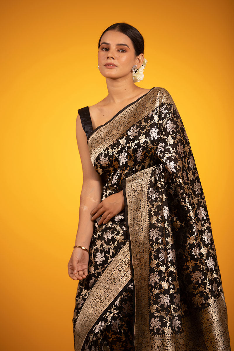 Black Sonarupa Floral Jaal Woven Banarasi Katan Silk Saree - Chinaya Banaras