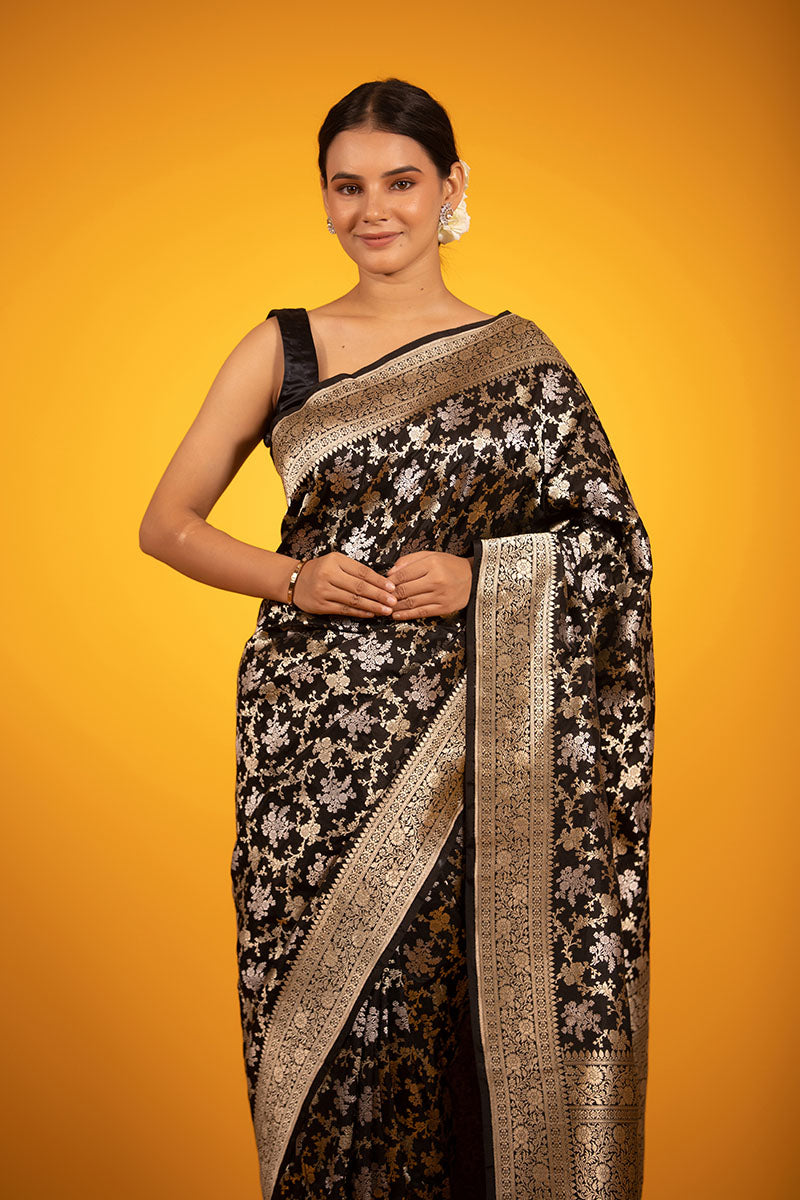 Black Sonarupa Floral Jaal Woven Banarasi Katan Silk Saree