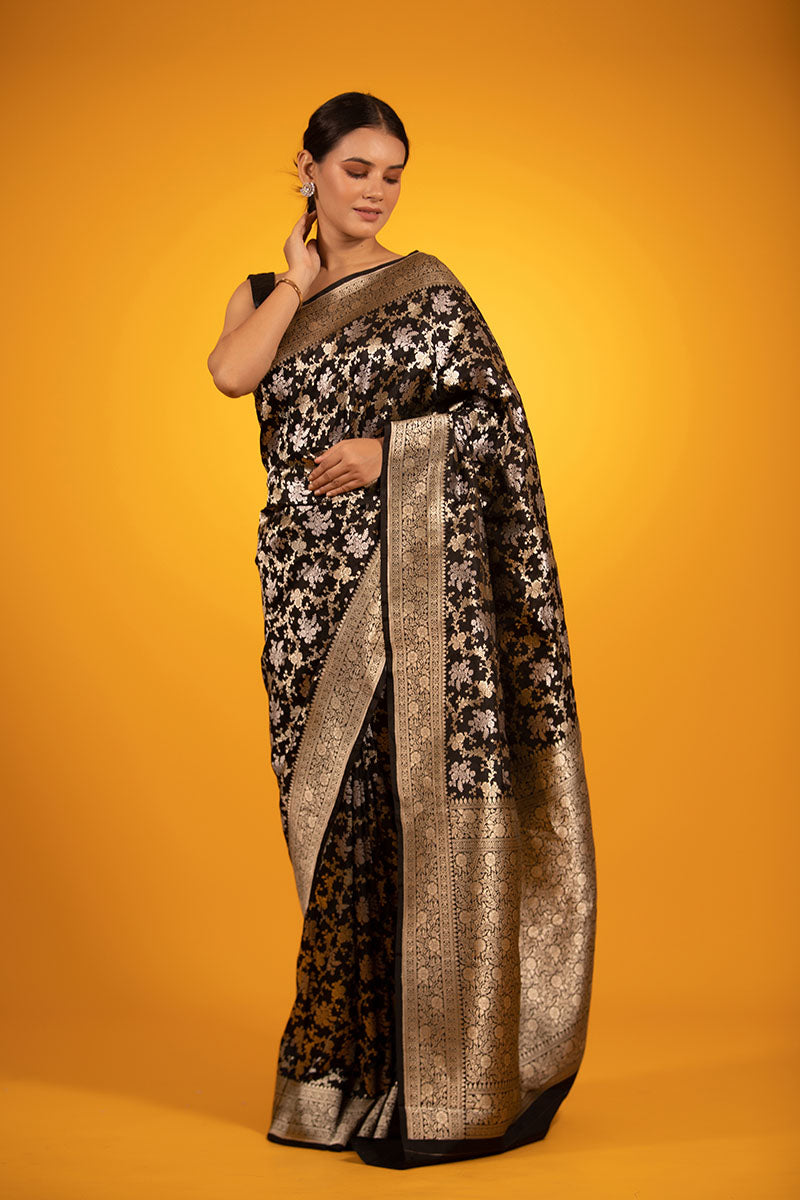 Black Sonarupa Floral Jaal Woven Banarasi Katan Silk Saree