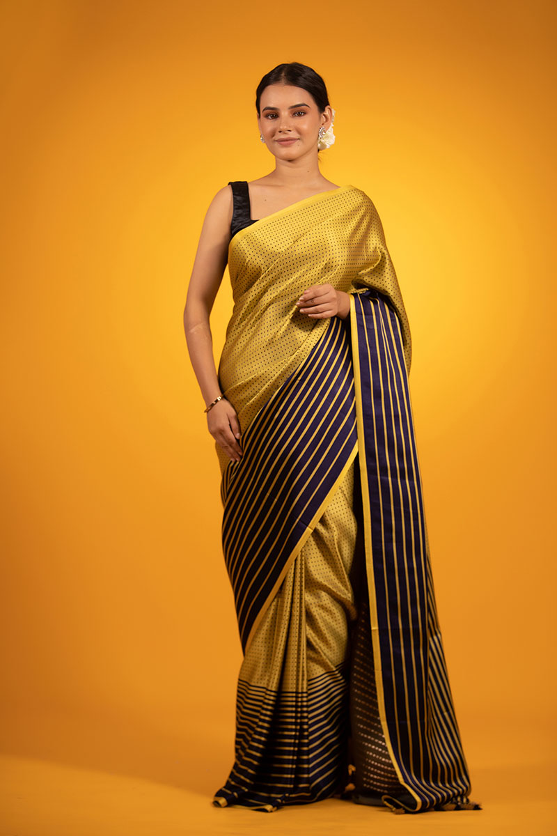 Women In Mustard Yellow & Black Striped Handwoven Satin Silk Saree At Chinaya Banaras