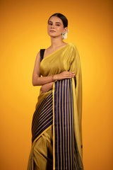 Mustard Yellow & Black Striped Handwoven Satin Silk Saree