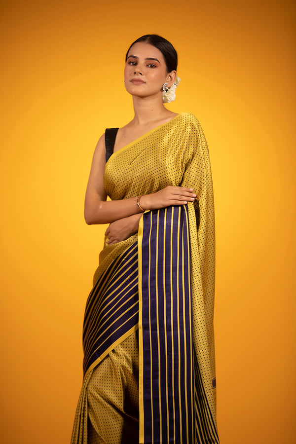 Mustard Yellow & Black Striped Handwoven Satin Silk Saree - Chinaya Banaras