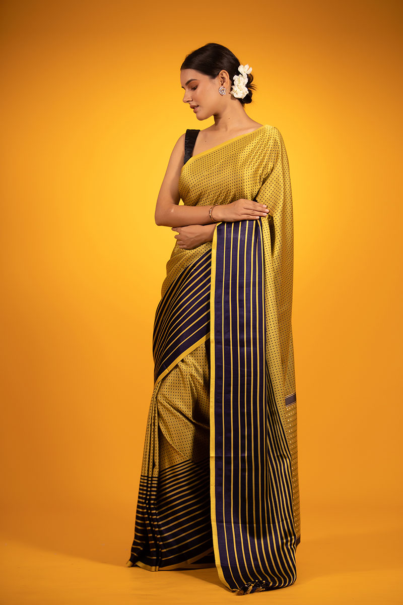 Mustard Yellow & Black Striped Handwoven Satin Silk Saree - Chinaya Banaras