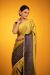 Mustard Yellow & Black Striped Handwoven Satin Silk Saree - Chinaya Banaras